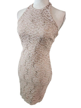 B Darlin Lace Sequin Halter Mini Dress 5/6 Nude Beige Open Back Bodycon Formal